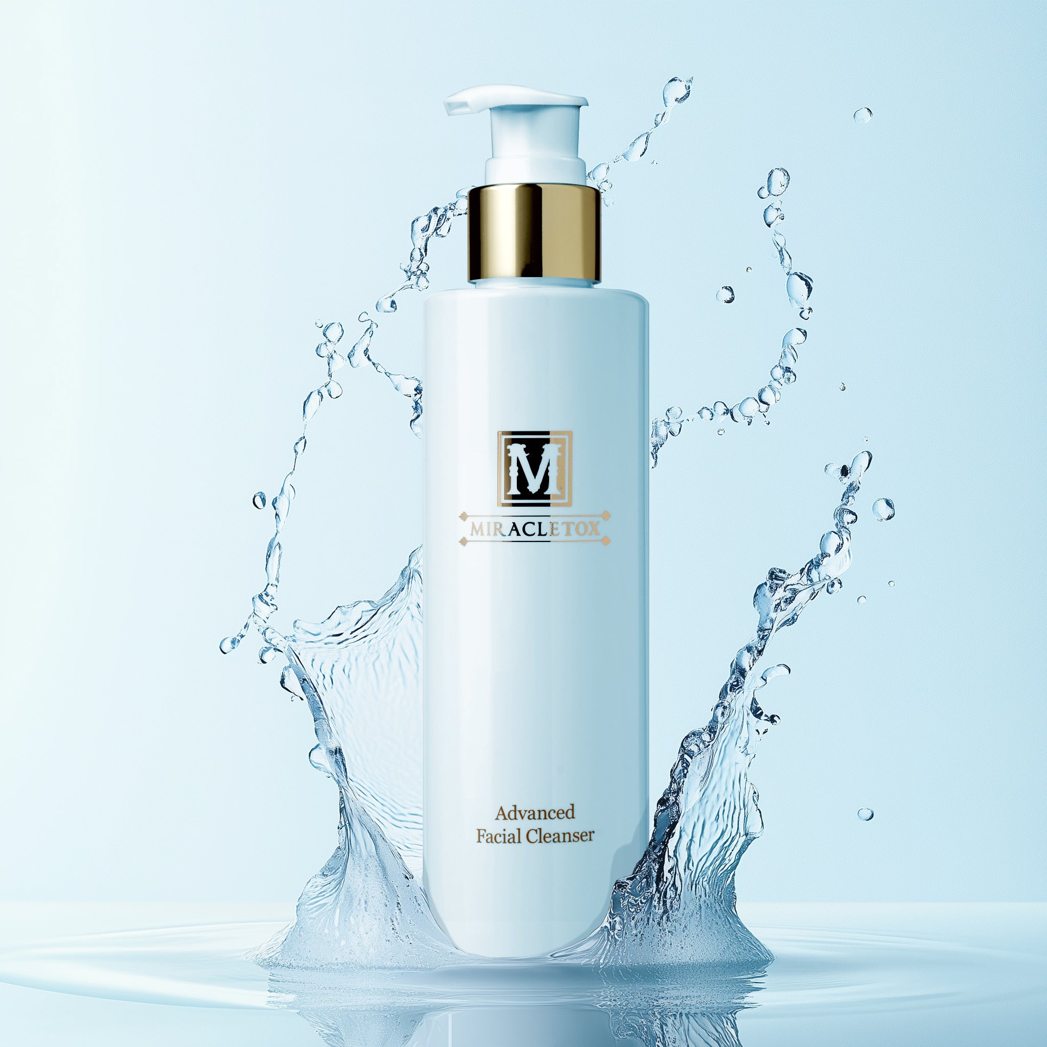 Miracleton Advanced Facial Cleanser bottle with water splashes on a light blue background